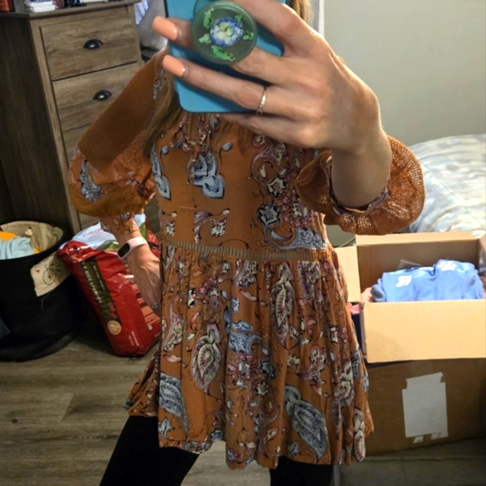 SHEIN Paisley Long Sleeve Tunic In Orange- Brown💙